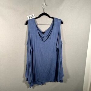 Jazz USA Blouse Top Womens 3X Blue Rayon Stretch Plunge V Neck Cold Shoulder